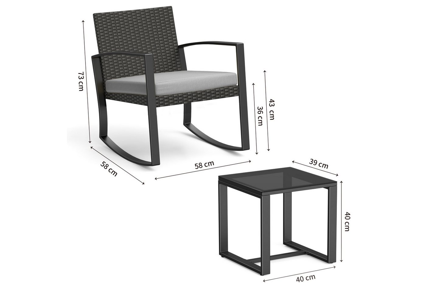 Bealife Balkonset Gartenlounge-Set, (3-tlg), 1 Tisch und 2 Stühle, Rattan Gartenmöbel, (Mit Schaukel-Funktion) – Bild 3 von 5