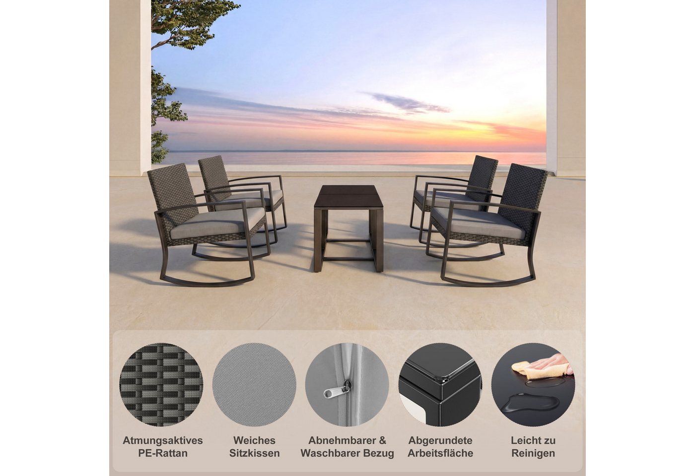 Bealife Balkonset Gartenlounge-Set, (3-tlg), 1 Tisch und 2 Stühle, Rattan Gartenmöbel, (Mit Schaukel-Funktion) – Bild 5 von 5