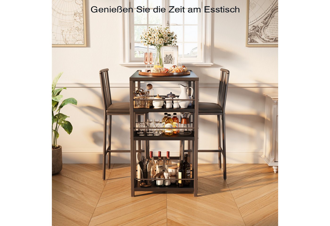 Bealife Bartisch Set 3-tlg,Esstisch/2 Stühlen,mit 3 Regalfächern Stehtisch – Bild 2 von 5