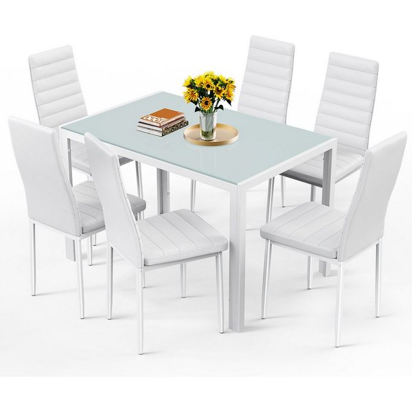 Bealife Essgruppe,7-tlg(Esstisch und 6 stühlen), Küchentisch, Tischplatte aus glas