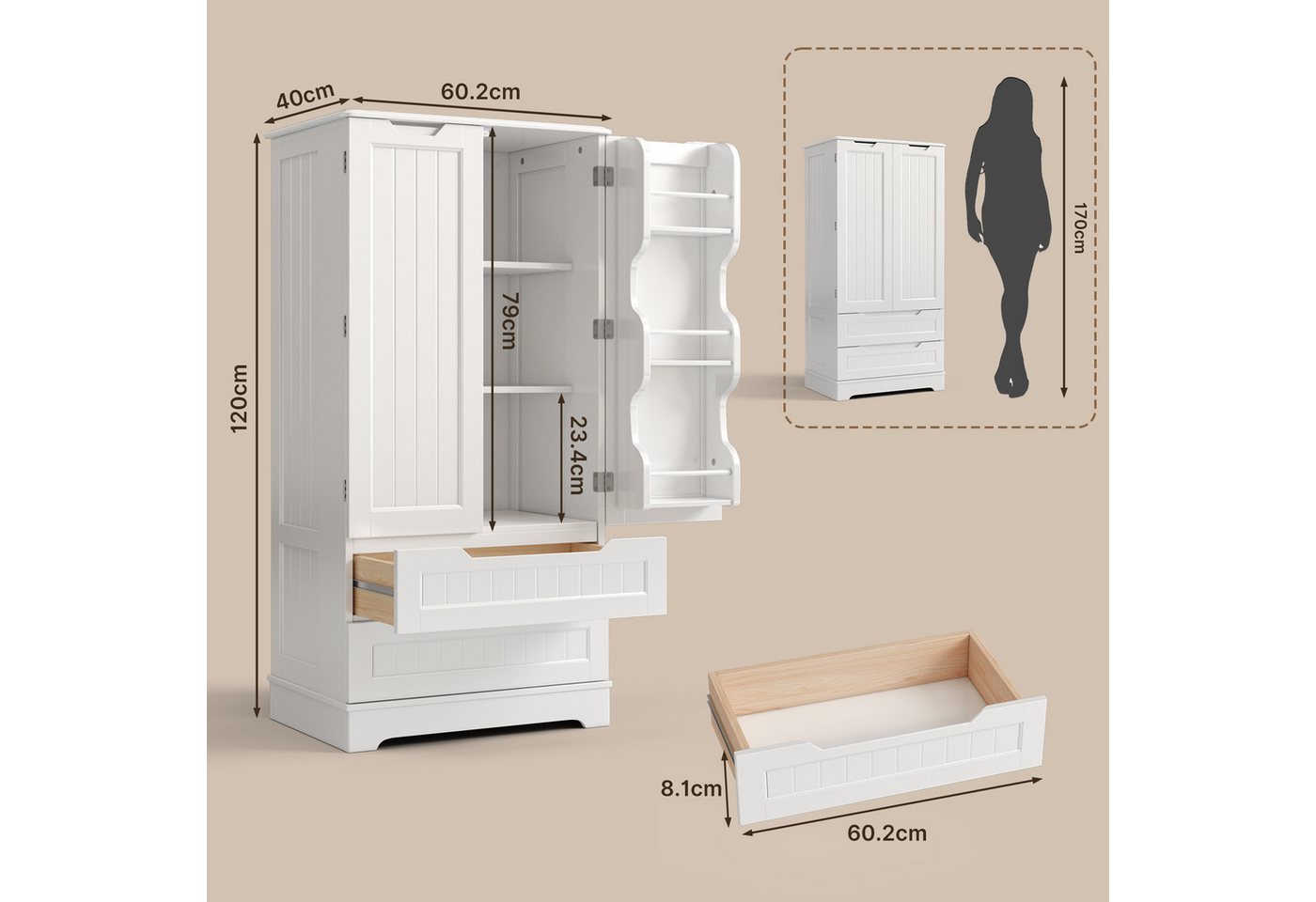 Bealife Highboard Küchenschrank, verstellbare Regalebene,mit 2 Schubladen 2 Türen,Weiß – Bild 4 von 5