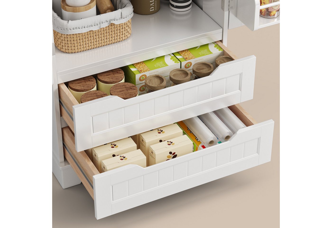 Bealife Highboard Küchenschrank, verstellbare Regalebene,mit 2 Schubladen 2 Türen,Weiß – Bild 5 von 5