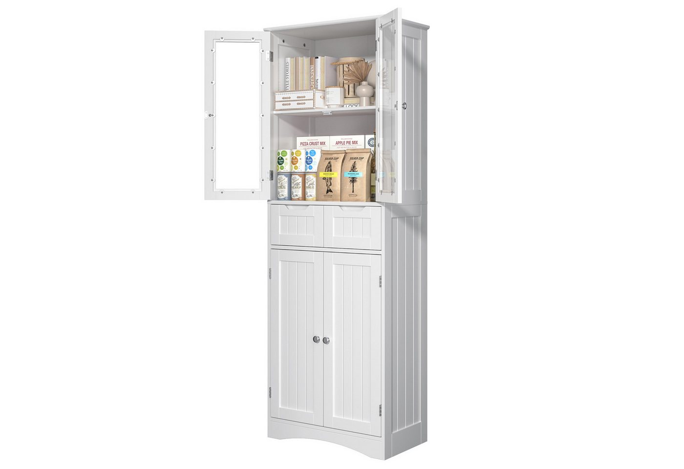 Bealife Hochschrank Badregal, Bücherschrank mit 2 Schubladen und 2 Türen, Vitrinenschrank – Bild 2 von 5