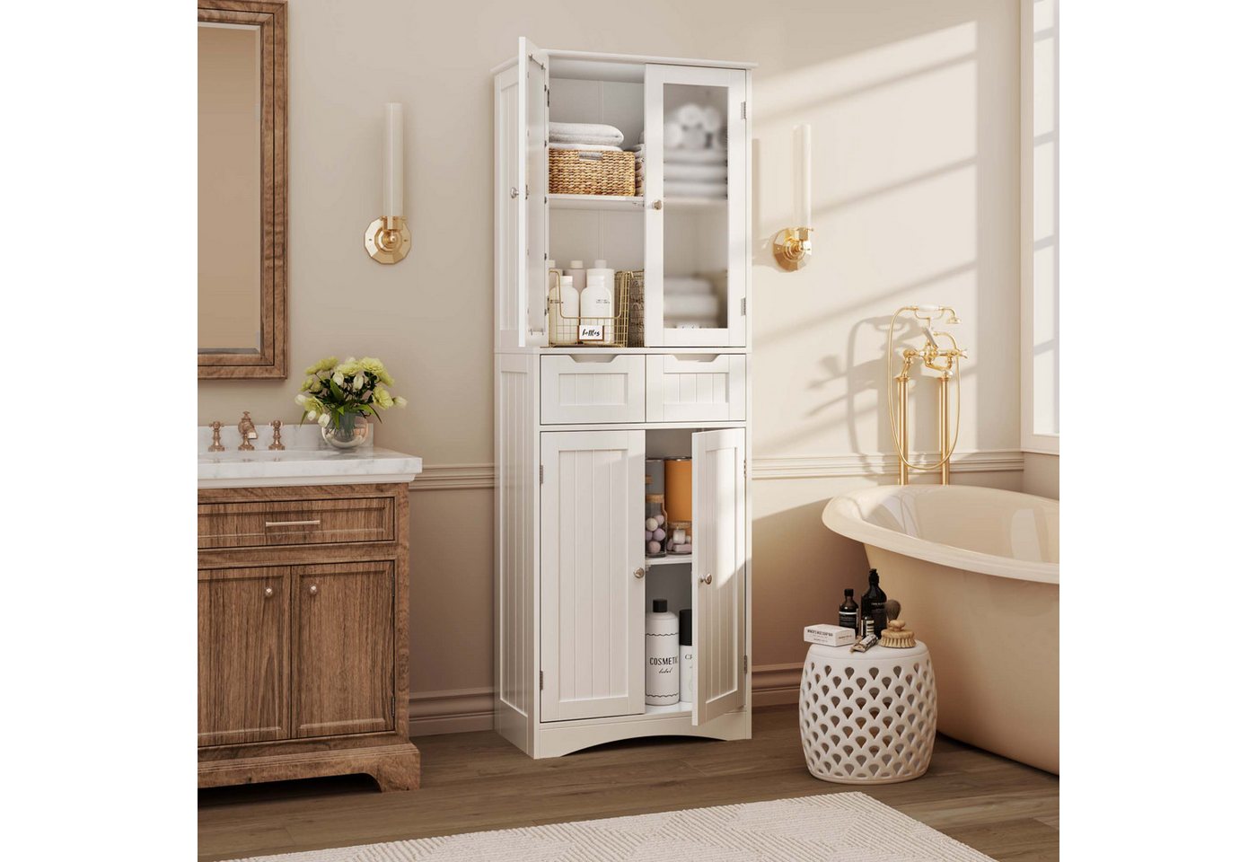 Bealife Hochschrank Badregal, Bücherschrank mit 2 Schubladen und 2 Türen, Vitrinenschrank – Bild 3 von 5