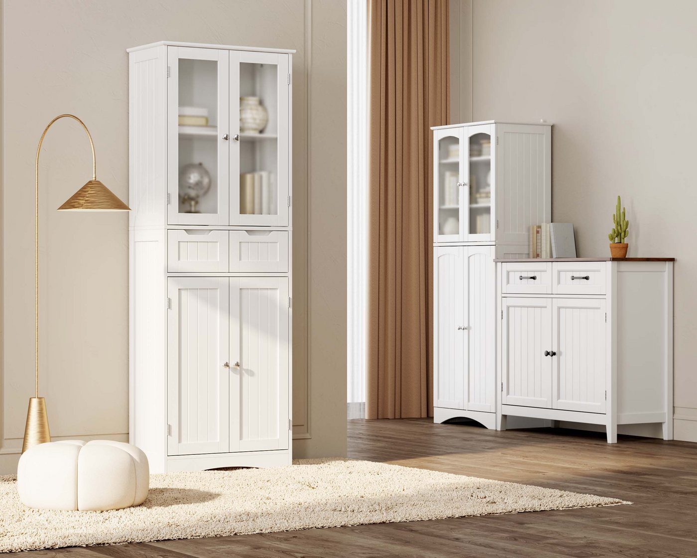 Bealife Hochschrank Badregal, Bücherschrank mit 2 Schubladen und 2 Türen, Vitrinenschrank – Bild 4 von 5