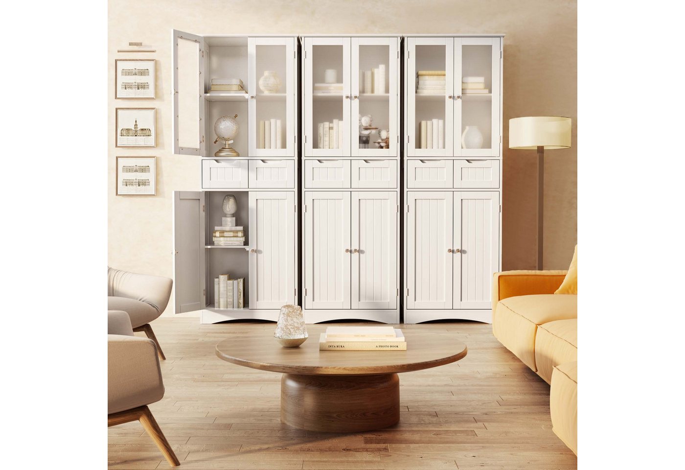 Bealife Hochschrank Badregal, Bücherschrank mit 2 Schubladen und 2 Türen, Vitrinenschrank – Bild 5 von 5