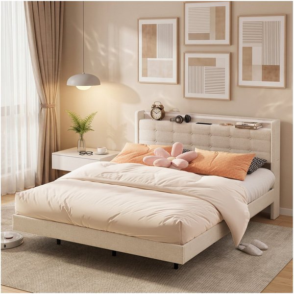 Bealife Polsterbett Einzel- & Doppelbett, Bettgestell mit beleuchtetem Kopfteil & Stauraum (2 Modelle