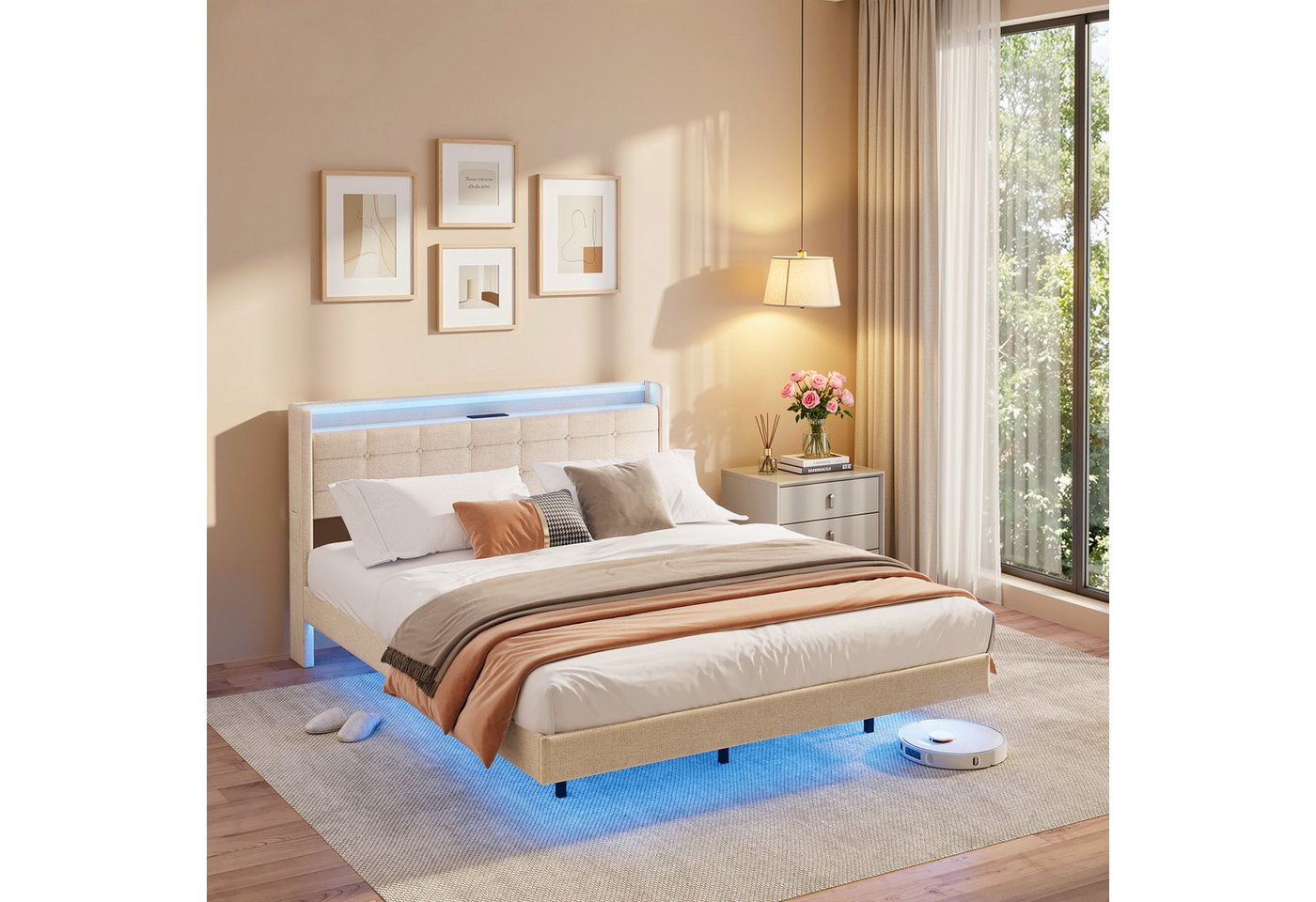 Bealife Polsterbett Einzel- & Doppelbett, Bettgestell mit beleuchtetem Kopfteil & Stauraum (2 Modelle (140x200, 160x200) – Bild 3 von 5