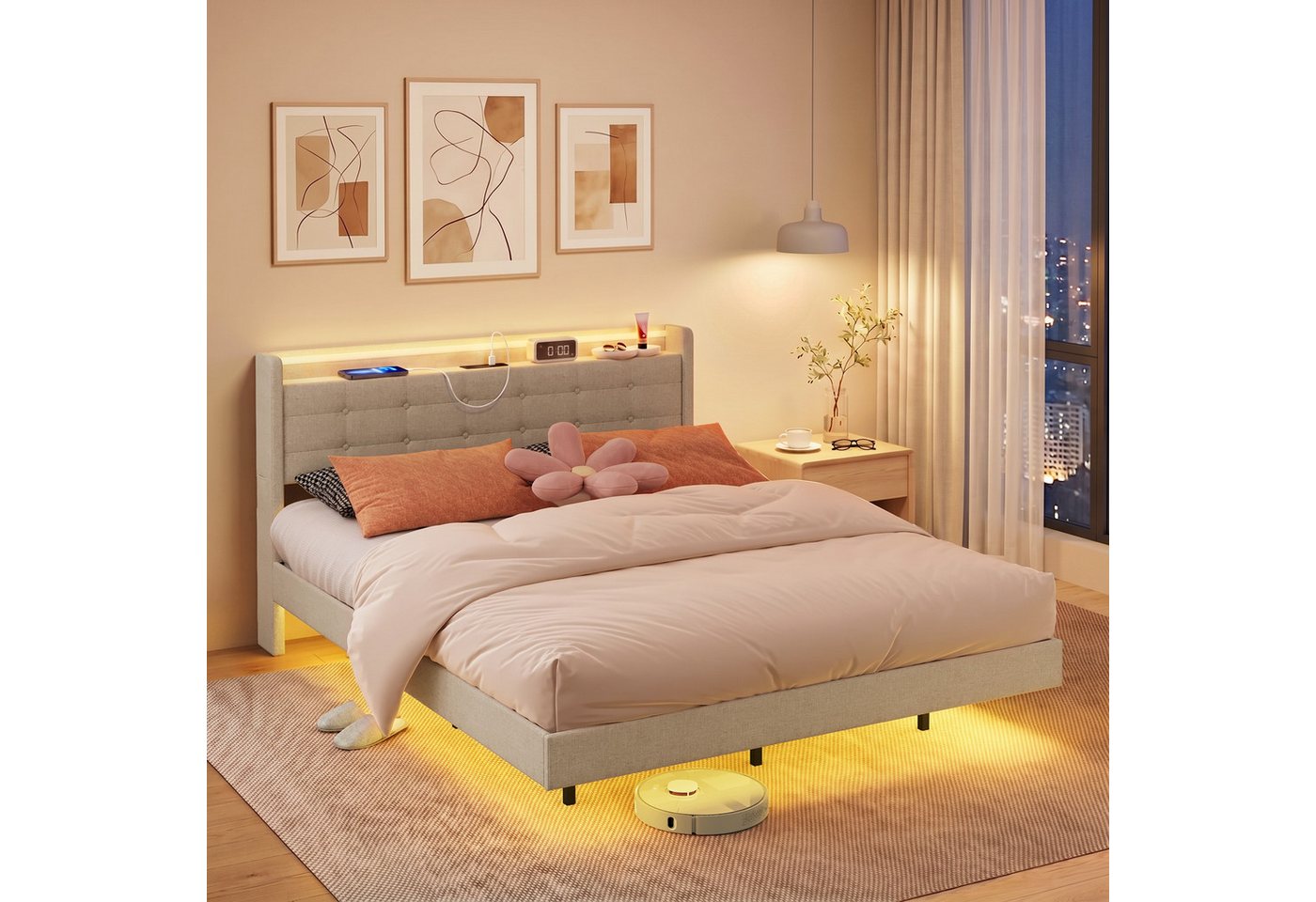 Bealife Polsterbett Einzel- & Doppelbett, Bettgestell mit beleuchtetem Kopfteil & Stauraum (2 Modelle (140x200, 160x200) – Bild 4 von 5