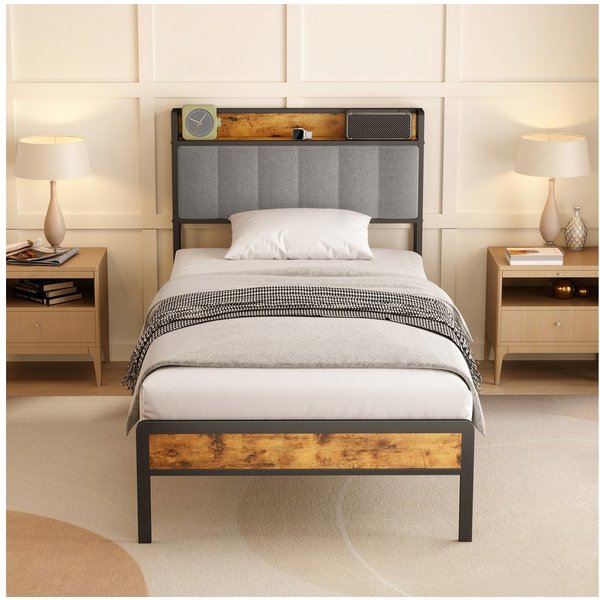 Bealife Polsterbett Einzelbett,Bettgestell mit Kopfteil,Holzbett mit Metall