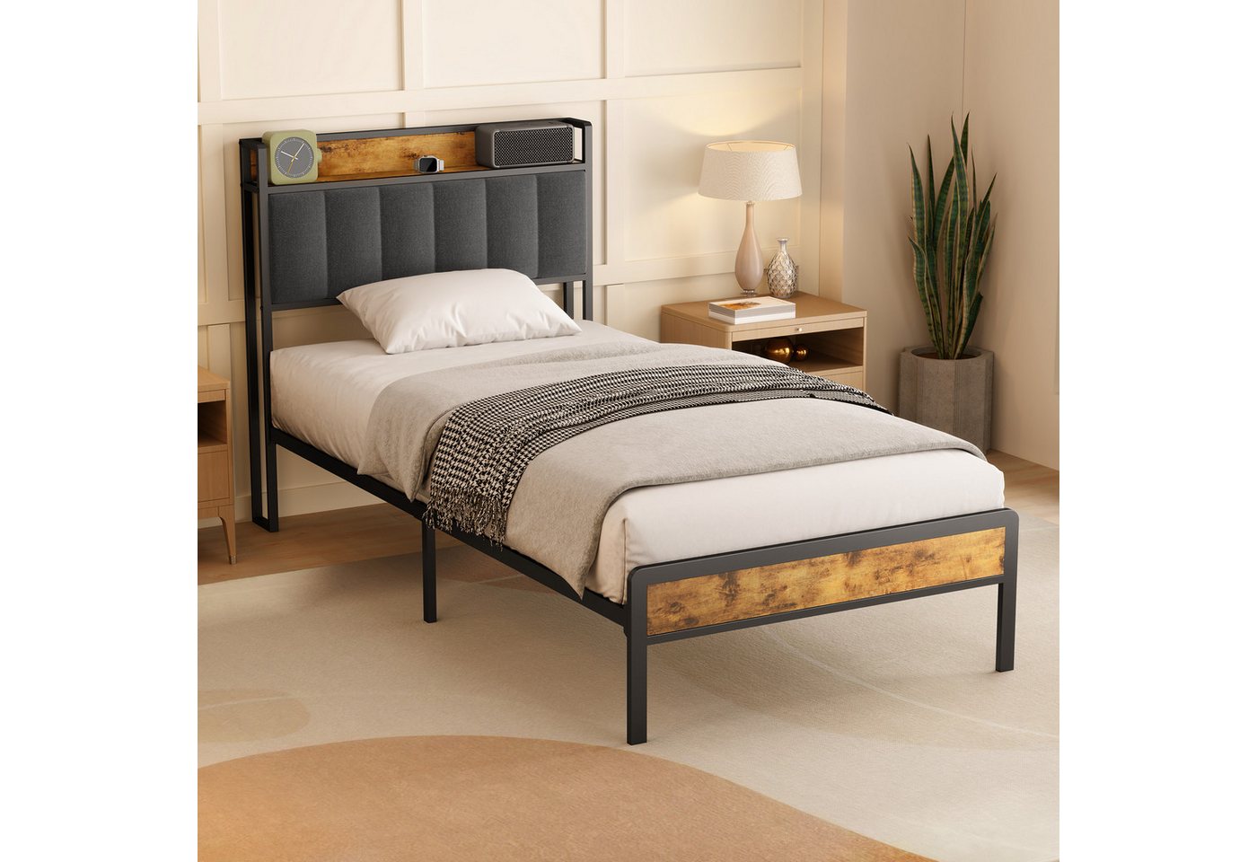 Bealife Polsterbett Einzelbett,Bettgestell mit Kopfteil,Holzbett mit Metall (90x200/120x200/140x200cm) – Bild 3 von 5