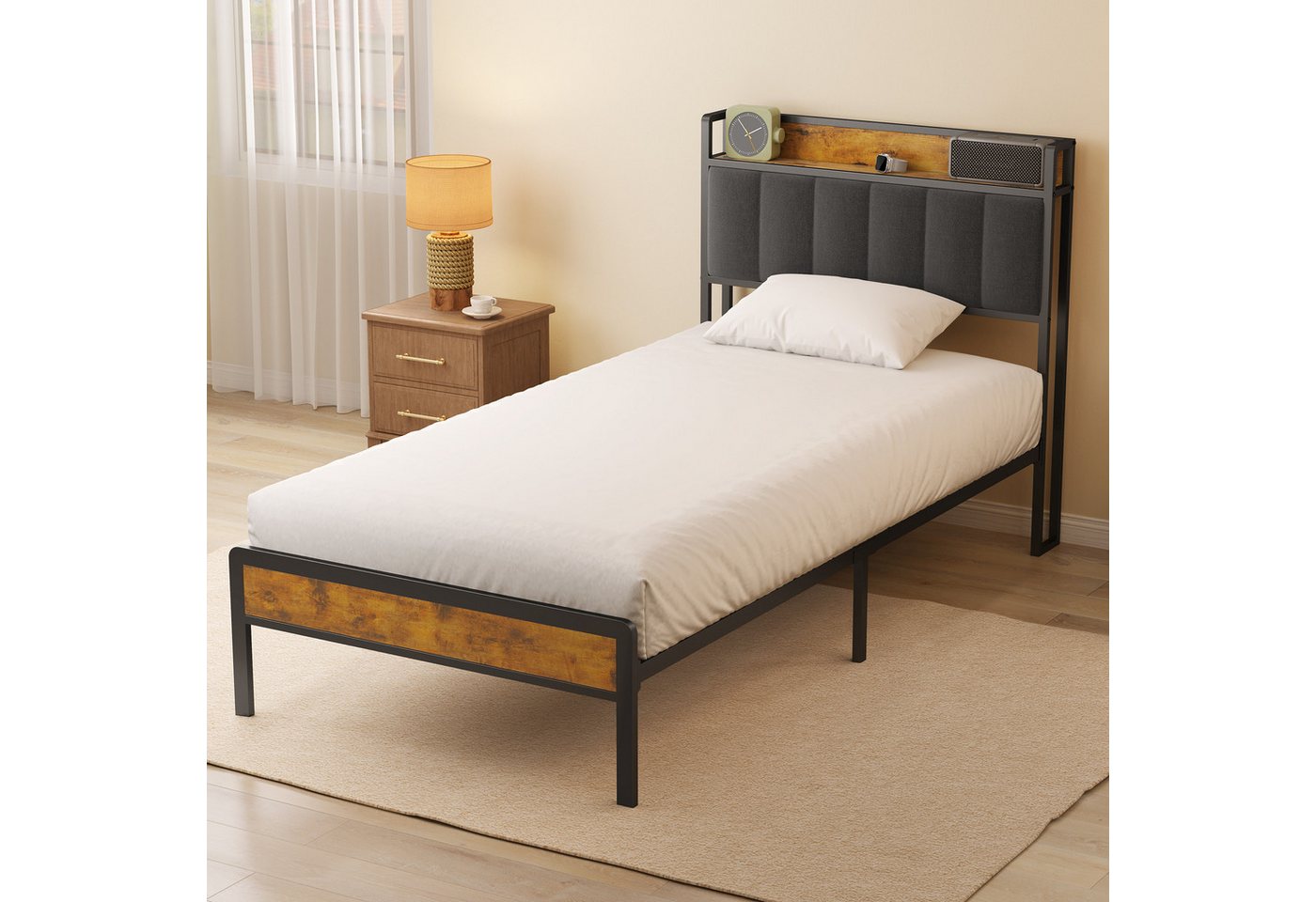 Bealife Polsterbett Einzelbett,Bettgestell mit Kopfteil,Holzbett mit Metall (90x200/120x200/140x200cm) – Bild 4 von 5