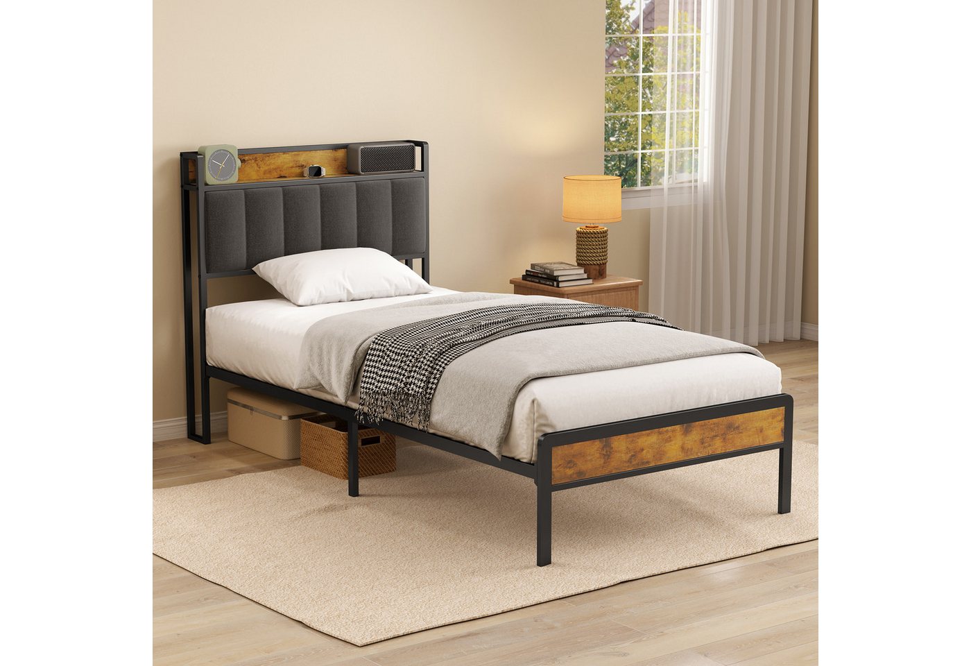Bealife Polsterbett Einzelbett,Bettgestell mit Kopfteil,Holzbett mit Metall (90x200/120x200/140x200cm) – Bild 5 von 5