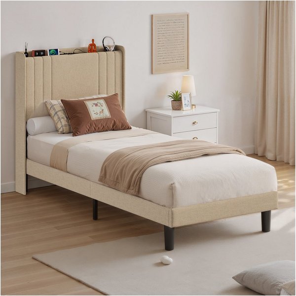 Bealife Polsterbett lsterbett Einzelbett,Bettgestell mit Kopfteil, Steckdosen, LED-Licht (2 Modelle