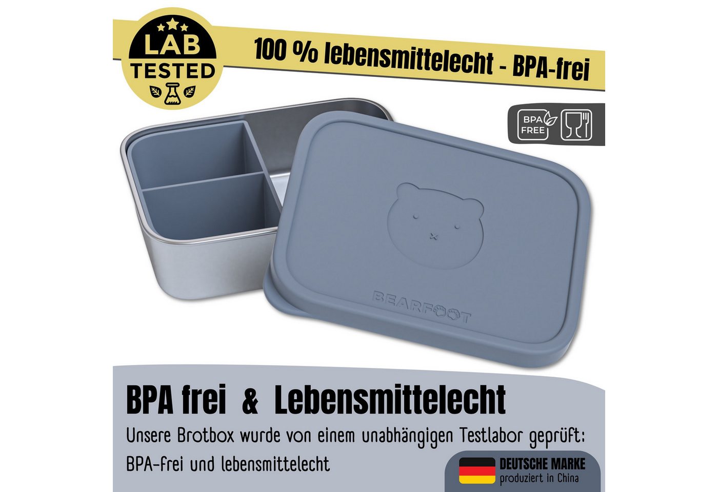 BEARFOOT Lunchbox Brotdose Kinder Edelstahl mit Silikoneinsatz - Blau, Kindergarten und Schule - Mädchen und Jungen, Vesperbox, Snackbox – Bild 2 von 5
