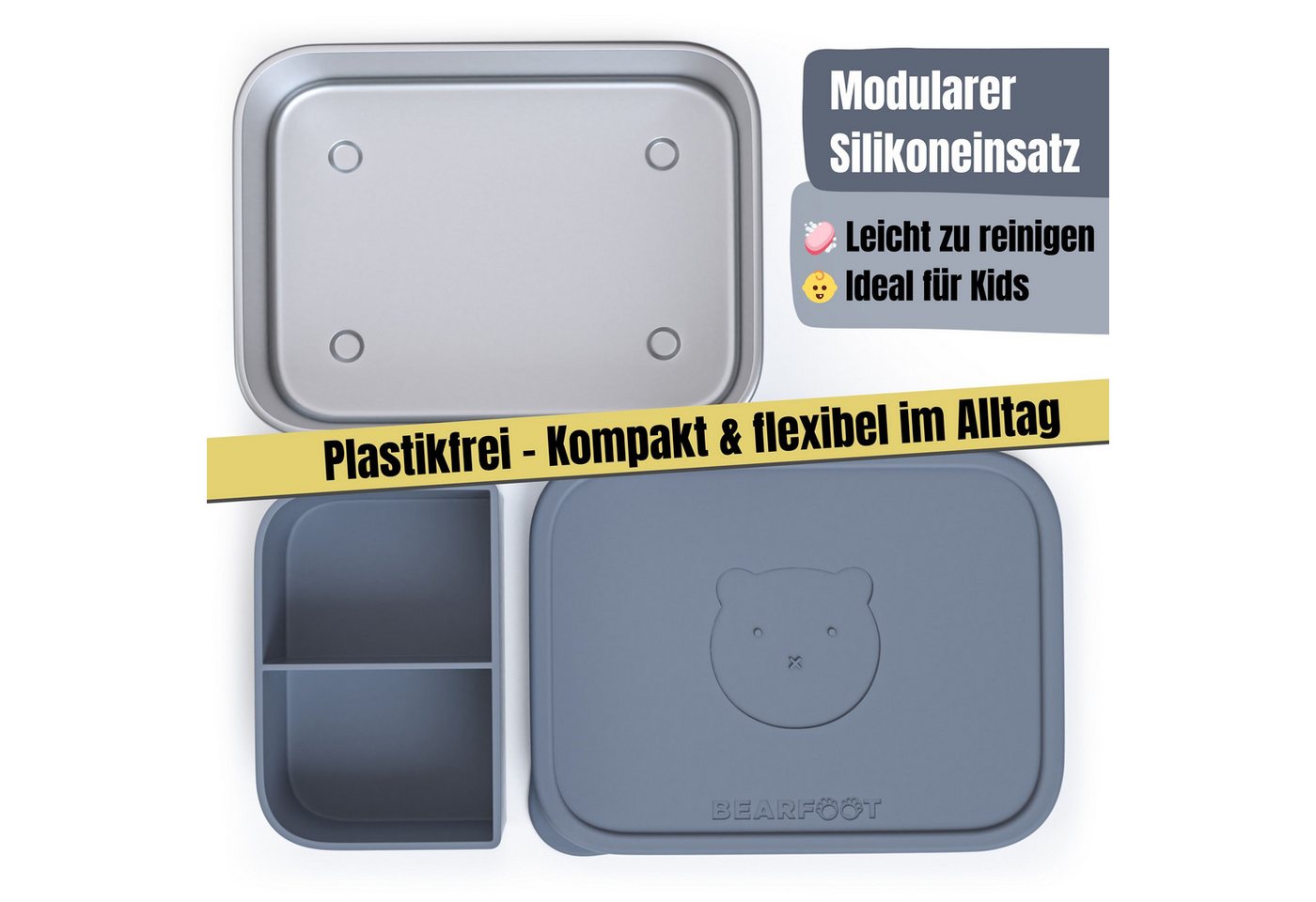 BEARFOOT Lunchbox Brotdose Kinder Edelstahl mit Silikoneinsatz - Blau, Kindergarten und Schule - Mädchen und Jungen, Vesperbox, Snackbox – Bild 3 von 5