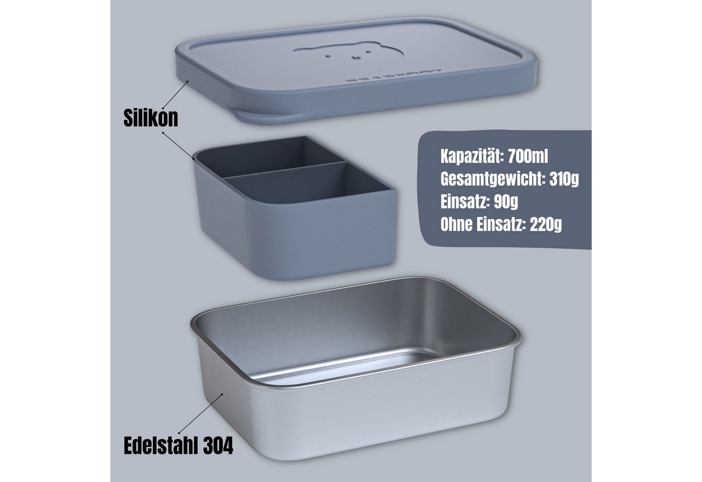 BEARFOOT Lunchbox Brotdose Kinder Edelstahl mit Silikoneinsatz - Blau, Kindergarten und Schule - Mädchen und Jungen, Vesperbox, Snackbox – Bild 4 von 5