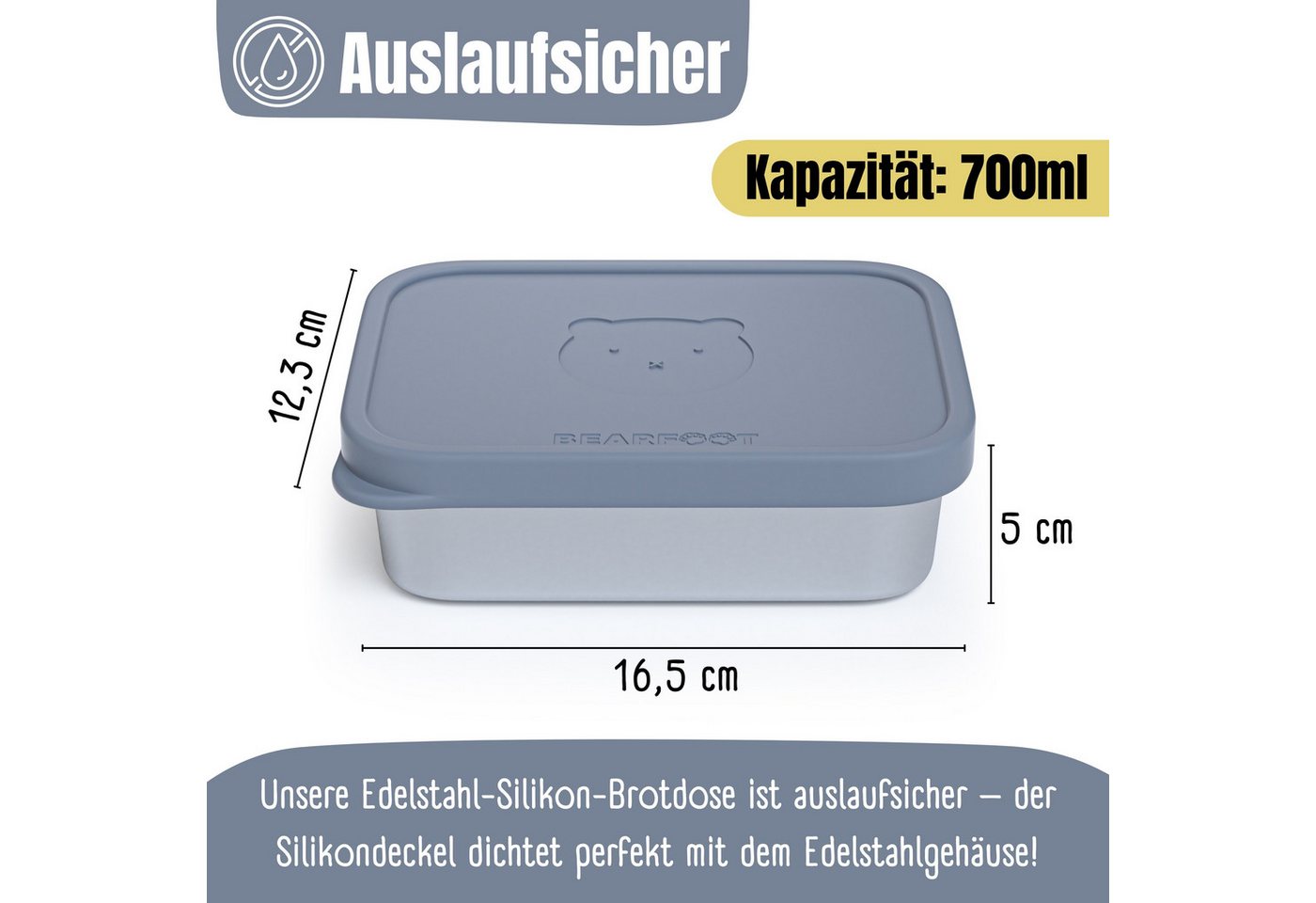 BEARFOOT Lunchbox Brotdose Kinder Edelstahl mit Silikoneinsatz - Blau, Kindergarten und Schule - Mädchen und Jungen, Vesperbox, Snackbox – Bild 5 von 5