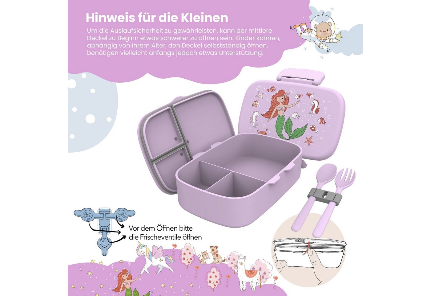BEARFOOT Lunchbox Brotdose Kinder Fächern,leicht & auslaufsicher- Meerjungfrau, Kindergarten und Schule - Mädchen und Jungen, Vesperbox, Snackbox – Bild 4 von 5
