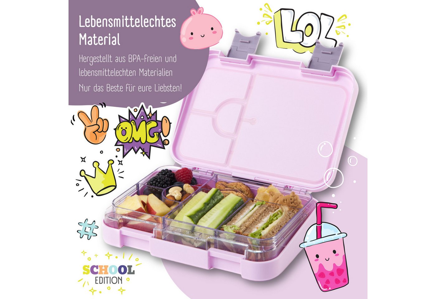 BEARFOOT Lunchbox Brotdose Kinder mit Fächern, Lunchbox, Bento box - Lila, handgezeichnete Designs, modular – Bild 4 von 5