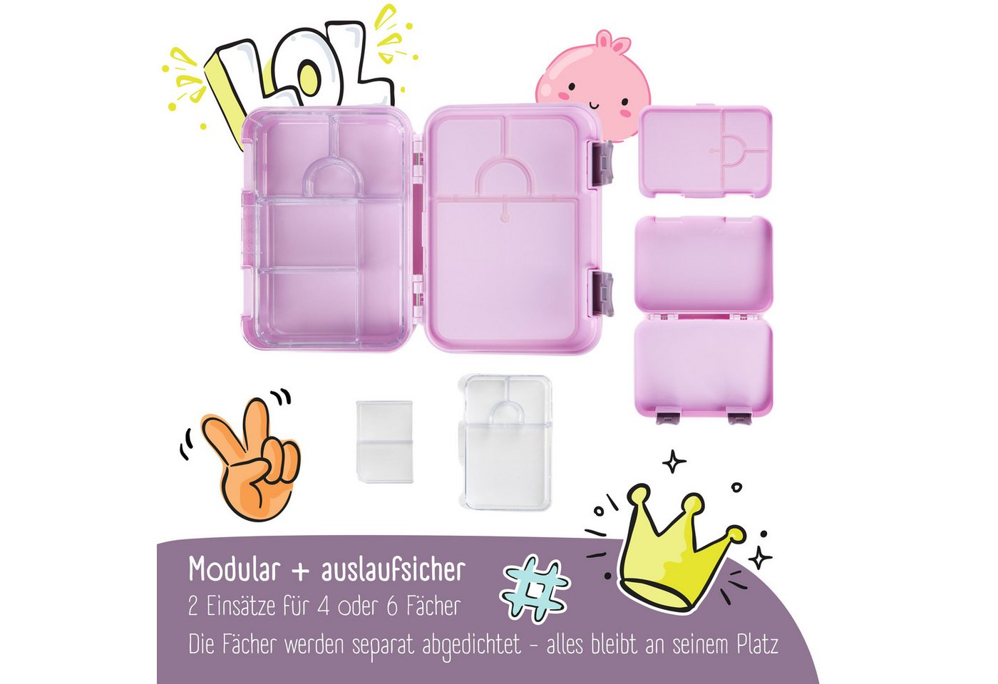 BEARFOOT Lunchbox Brotdose Kinder mit Fächern, Lunchbox, Bento box - Lila, handgezeichnete Designs, modular – Bild 5 von 5
