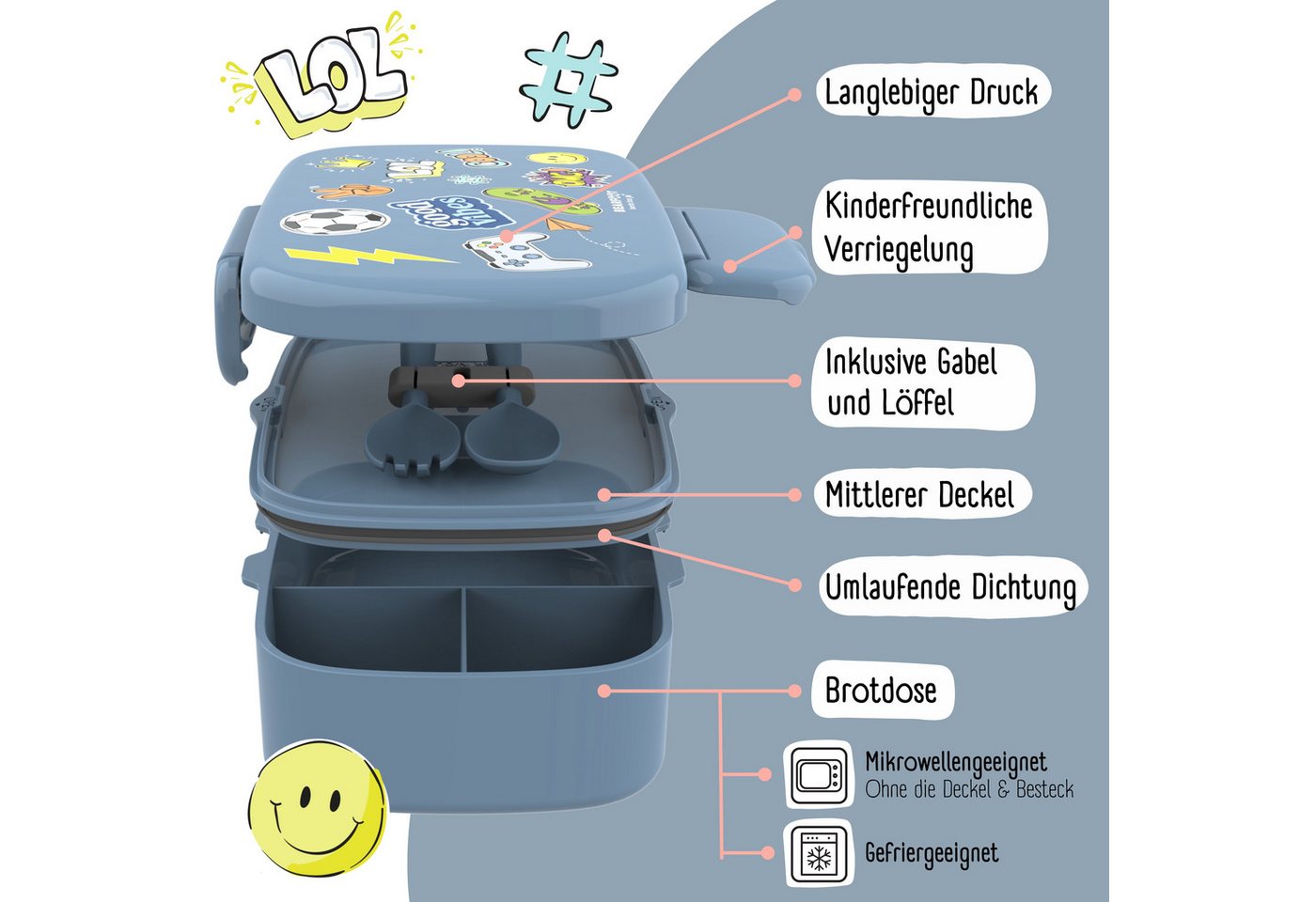 BEARFOOT Lunchbox Brotdose Kinder mit Fächern, auslaufsicher - Sticker, blau, Kindergarten und Schule - Mädchen und Jungen, Vesperbox, Snackbox – Bild 4 von 5