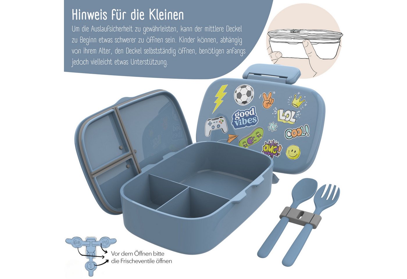 BEARFOOT Lunchbox Brotdose Kinder mit Fächern, auslaufsicher - Sticker, blau, Kindergarten und Schule - Mädchen und Jungen, Vesperbox, Snackbox – Bild 5 von 5