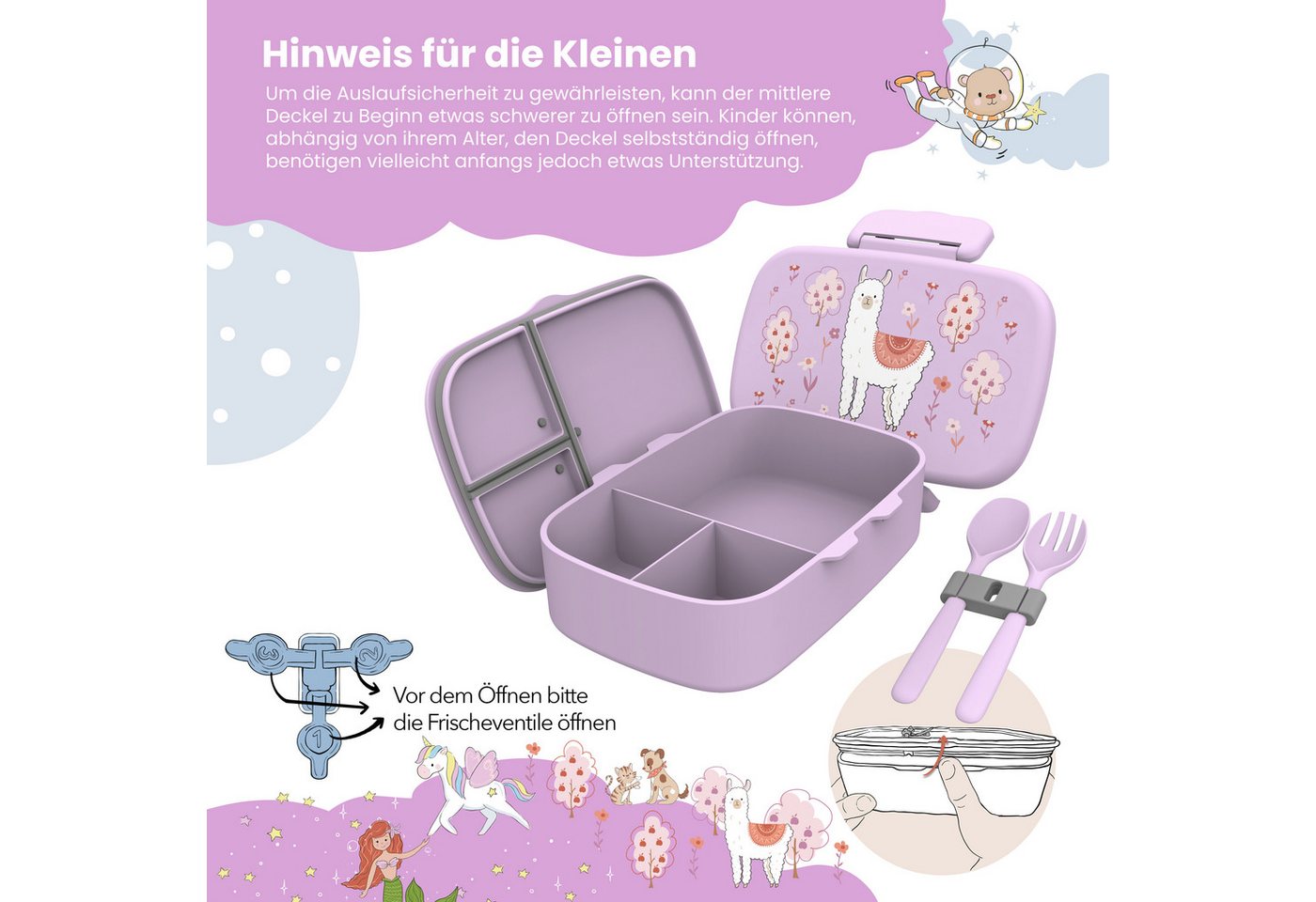 BEARFOOT Lunchbox Brotdose Kinder mit Fächern, leicht & auslaufsicher - Lama, Kindergarten und Schule - Mädchen und Jungen, Vesperbox, Snackbox – Bild 4 von 5