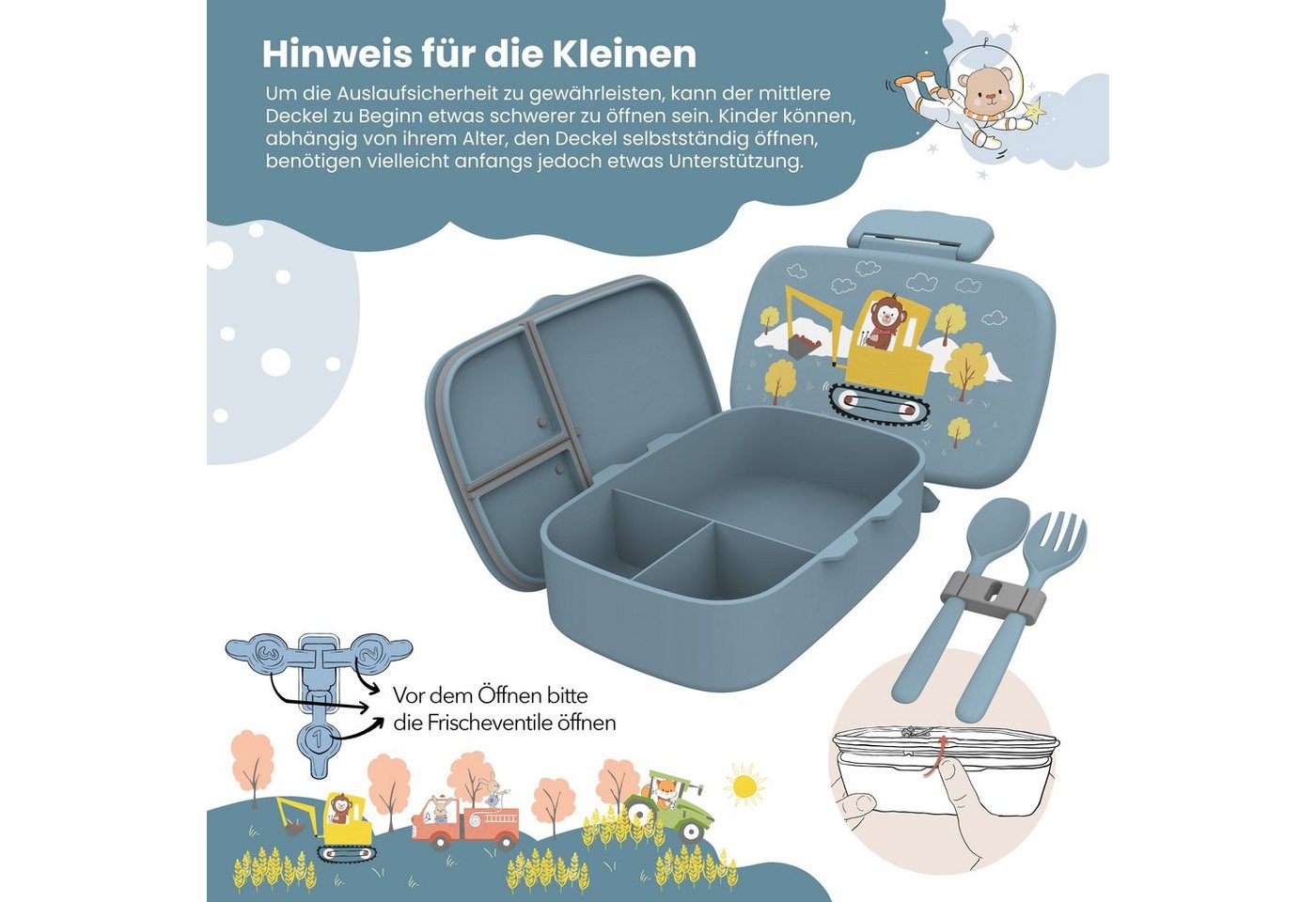 BEARFOOT Lunchbox Brotdose Kinder mit Fächern, leicht & auslaufsicher - Bagger, Kindergarten und Schule - Mädchen und Jungen, Vesperbox, Snackbox – Bild 4 von 5