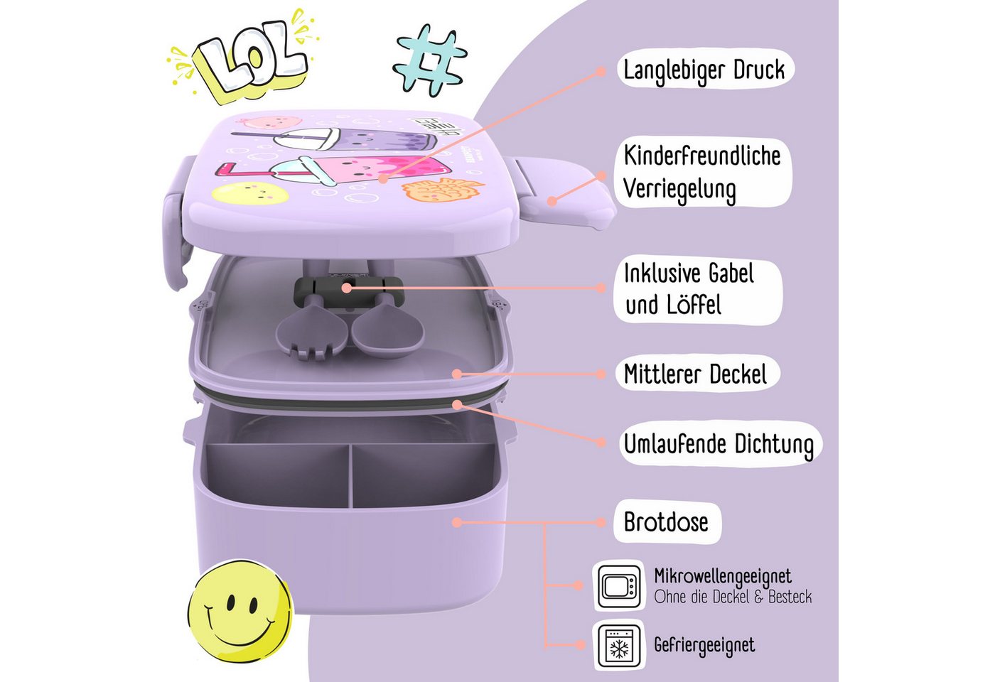 BEARFOOT Lunchbox Brotdose Kinder mit Fächern, auslaufsicher - BubbleTea, lila, Kindergarten und Schule - Mädchen und Jungen, Vesperbox, Snackbox – Bild 4 von 5