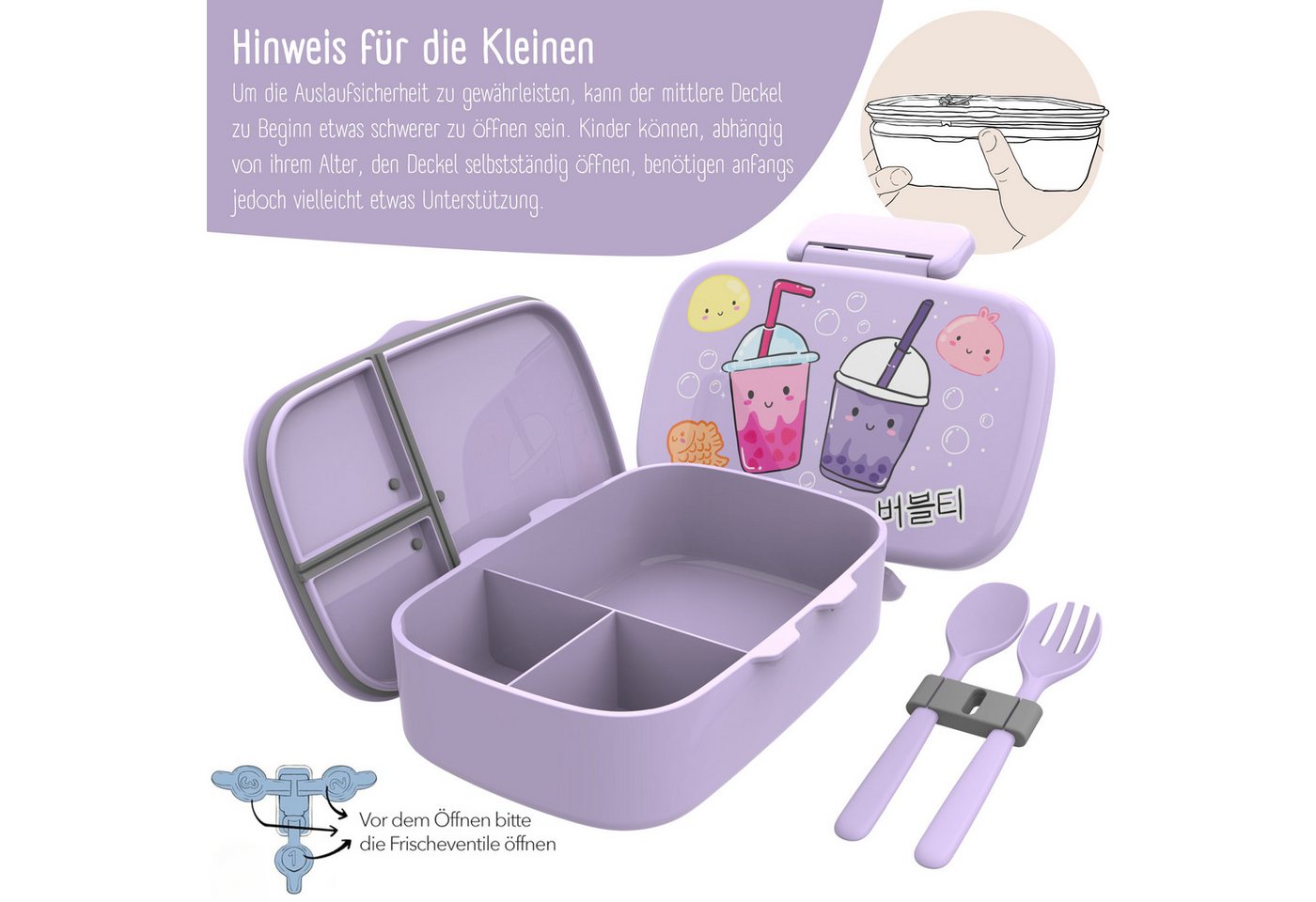 BEARFOOT Lunchbox Brotdose Kinder mit Fächern, auslaufsicher - BubbleTea, lila, Kindergarten und Schule - Mädchen und Jungen, Vesperbox, Snackbox – Bild 5 von 5