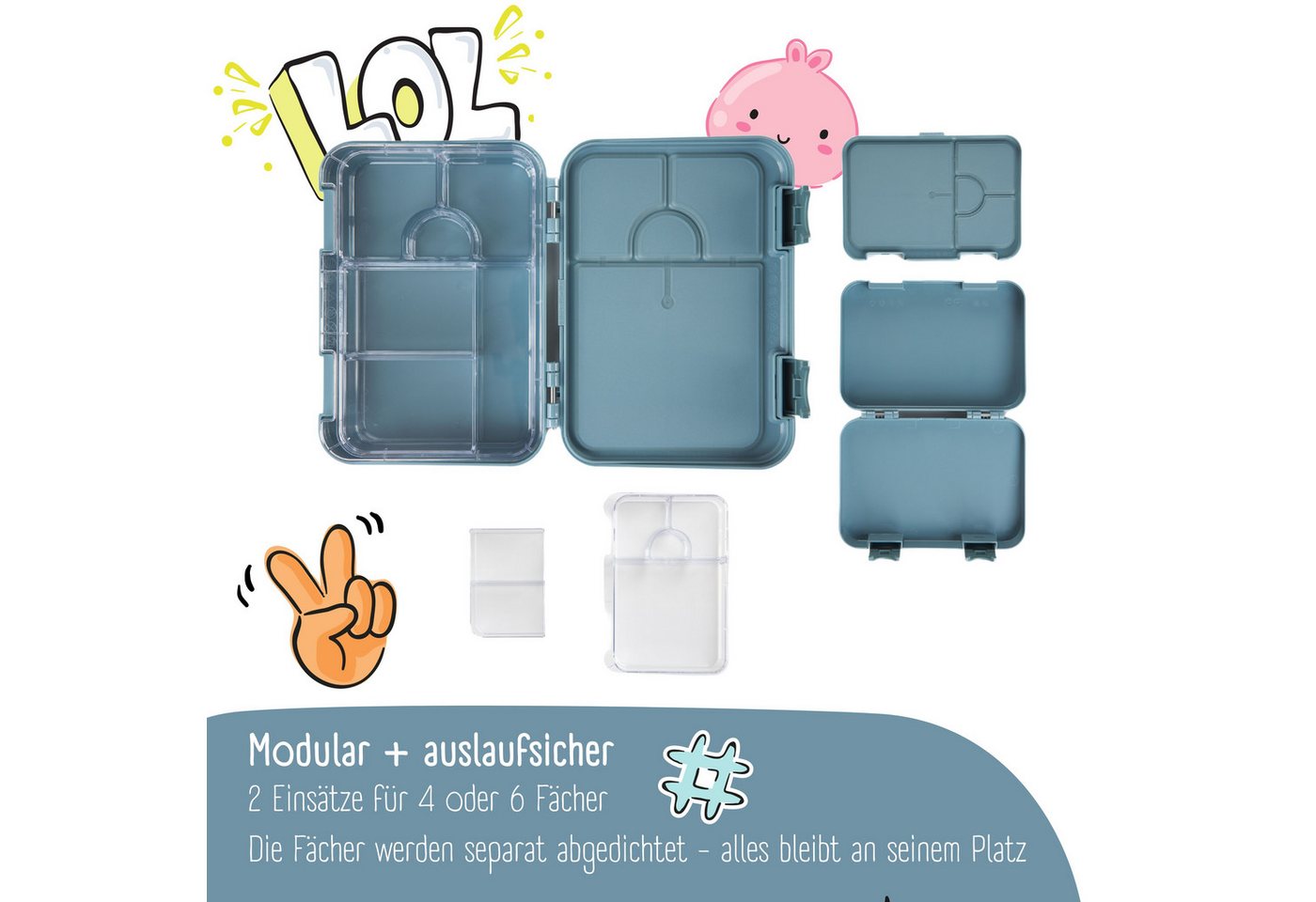 BEARFOOT Lunchbox Brotdose Kinder mit Fächern, Lunchbox, Bento box - Blau, handgezeichnete Designs, modular – Bild 4 von 5