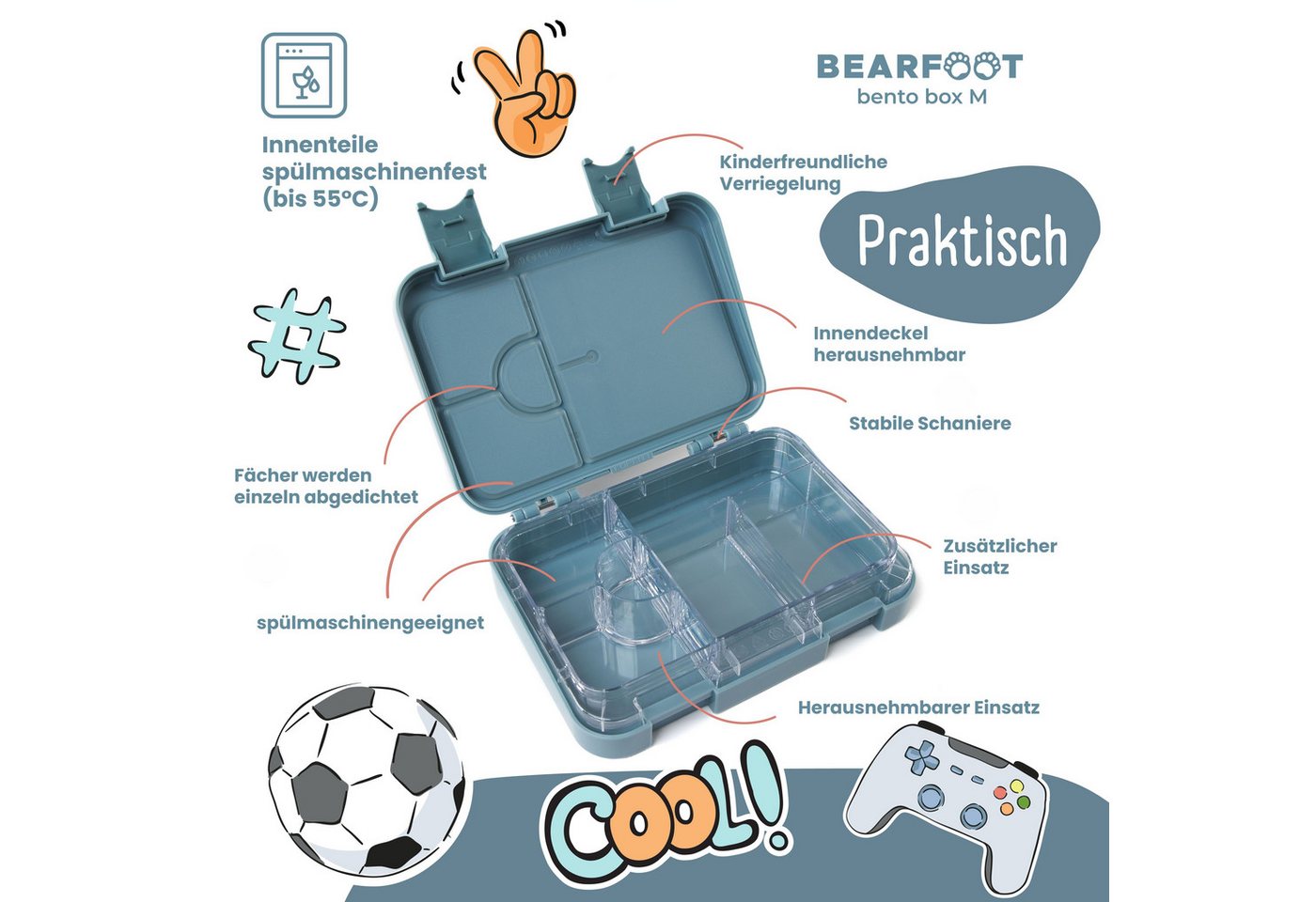 BEARFOOT Lunchbox Brotdose Kinder mit Fächern, Lunchbox, Bento box - Blau, handgezeichnete Designs, modular – Bild 5 von 5