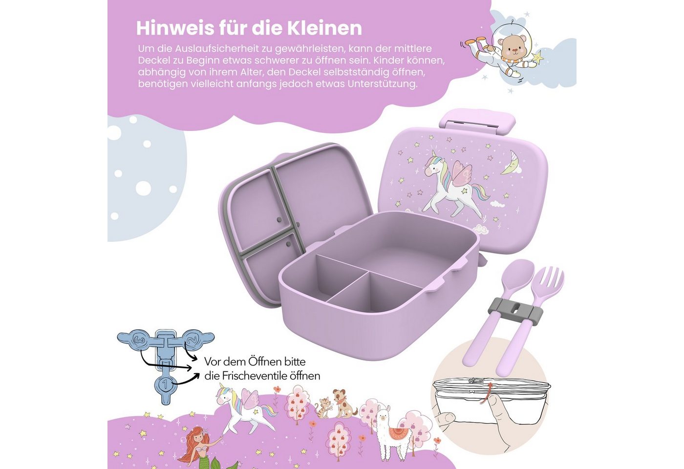 BEARFOOT Lunchbox Brotdose Kinder mit Fächern, leicht & auslaufsicher- Einhorn, Kindergarten und Schule - Mädchen und Jungen, Vesperbox, Snackbox – Bild 4 von 5
