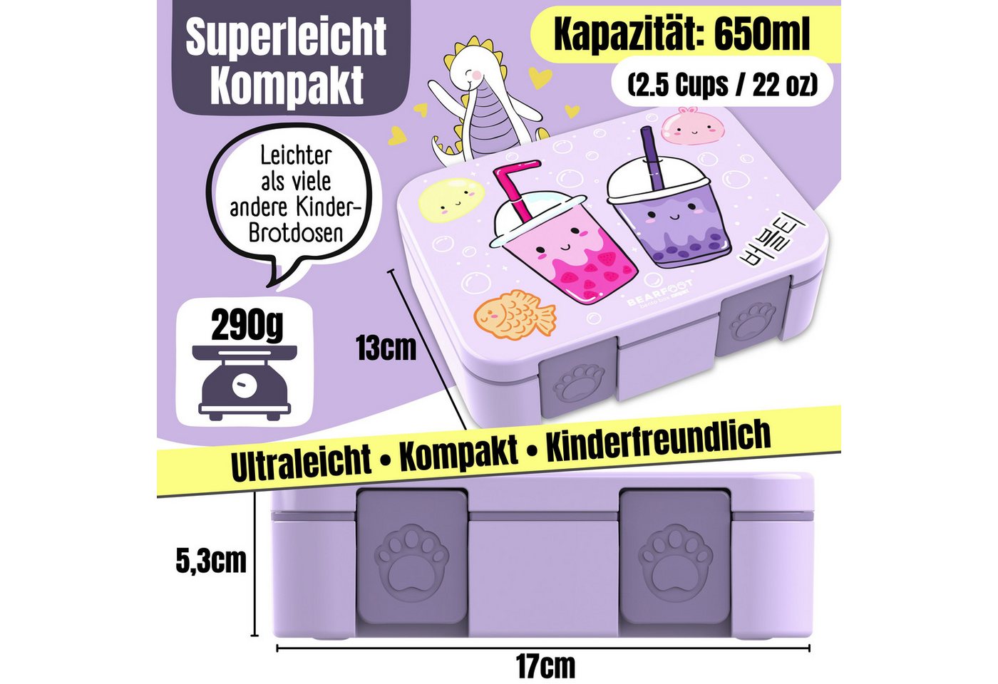 BEARFOOT Lunchbox Brotdose mit Fächern, leicht & auslaufsicher-BubbleTea lila, PP, ABS, Silikon, Kindergarten und Schule - Mädchen und Jungen, Vesperbox, Snackb – Bild 5 von 5