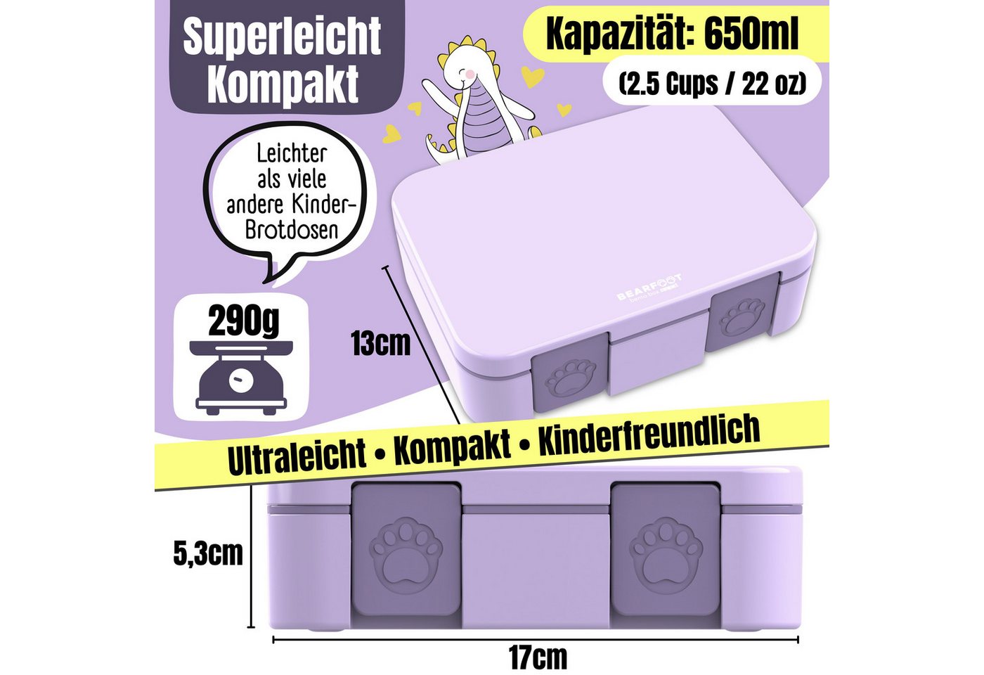 BEARFOOT Lunchbox Brotdose mit Fächern, leicht & auslaufsicher - lila, PP, ABS, Silikon, Kindergarten und Schule - Mädchen und Jungen, Vesperbox, Snackbox – Bild 4 von 5