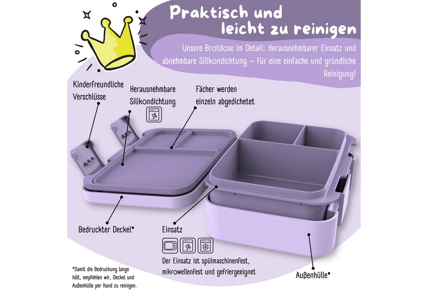 BEARFOOT Lunchbox Brotdose mit Fächern, leicht & auslaufsicher - Sticker lila, PP, ABS, Silikon, Kindergarten und Schule - Mädchen und Jungen, Vesperbox, Snackb – Bild 4 von 5