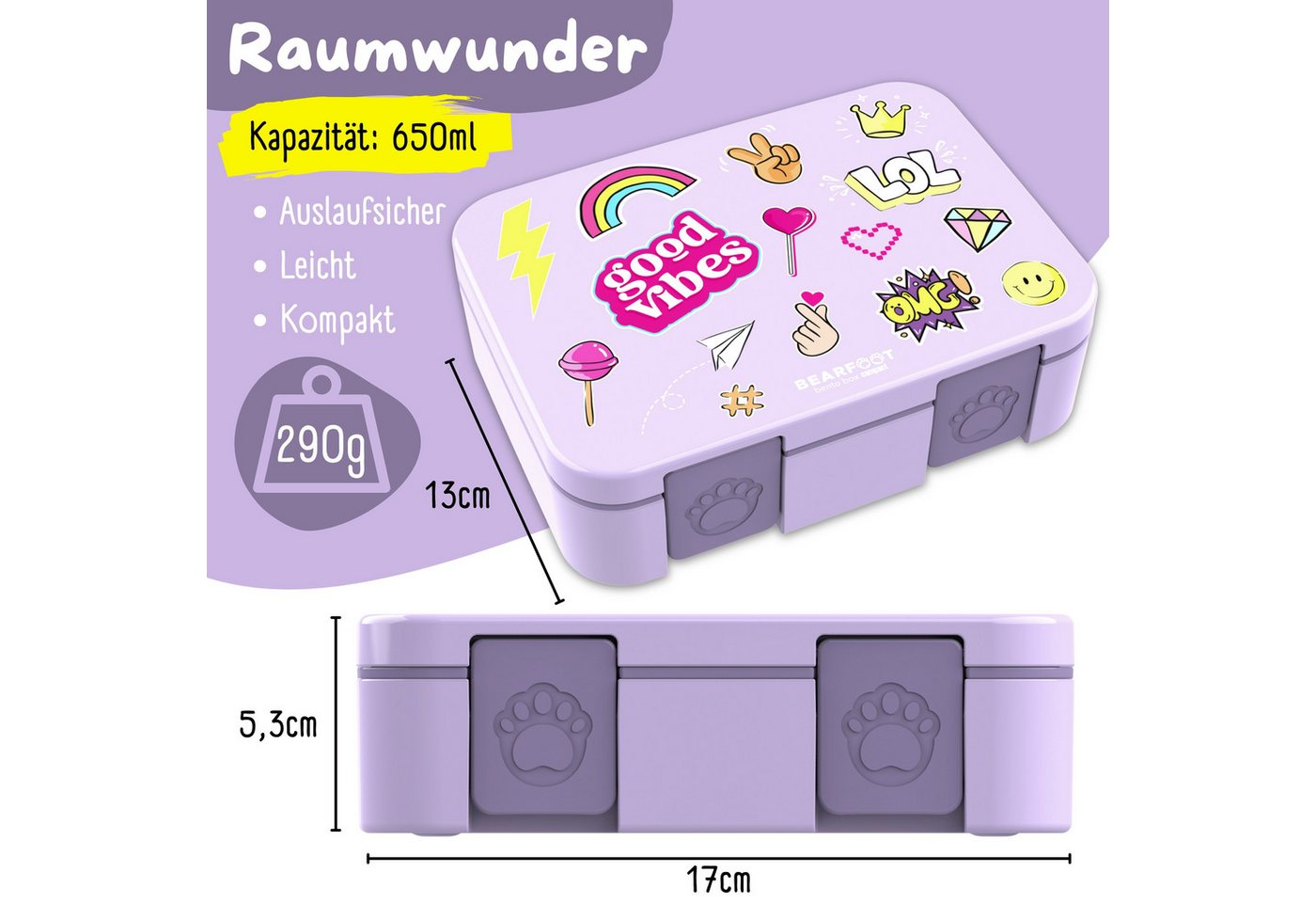 BEARFOOT Lunchbox Brotdose mit Fächern, leicht & auslaufsicher - Sticker lila, PP, ABS, Silikon, Kindergarten und Schule - Mädchen und Jungen, Vesperbox, Snackb – Bild 5 von 5