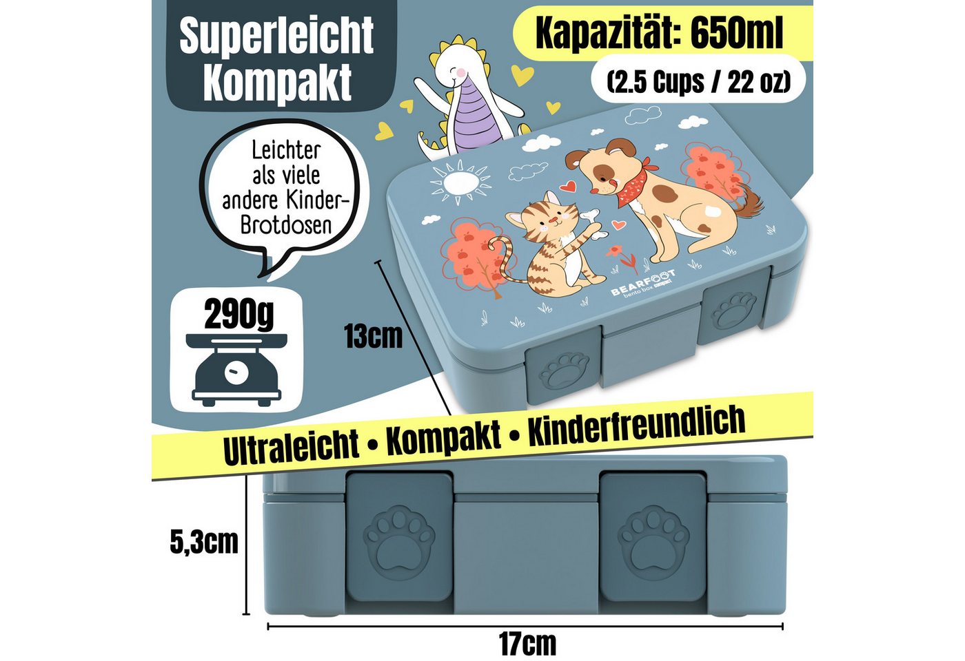 BEARFOOT Lunchbox Brotdose mit Fächern, leicht & auslaufsicher - Hund & Katze, PP, ABS, Silikon, Kindergarten und Schule - Mädchen und Jungen, Vesperbox, Snackb – Bild 4 von 5