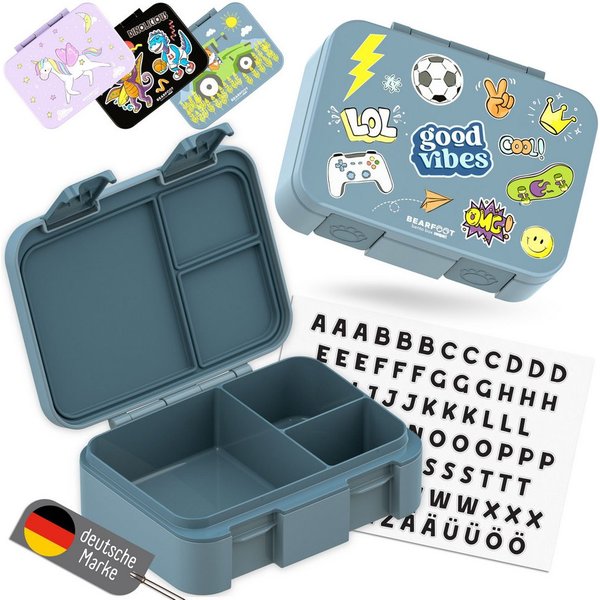 BEARFOOT Lunchbox Brotdose mit Fächern, auslaufsicher - Sticker blau 650ml, PP, ABS, Silikon, Kindergarten und Schule - Mädchen und Jungen, Vesperbox, Snackbox