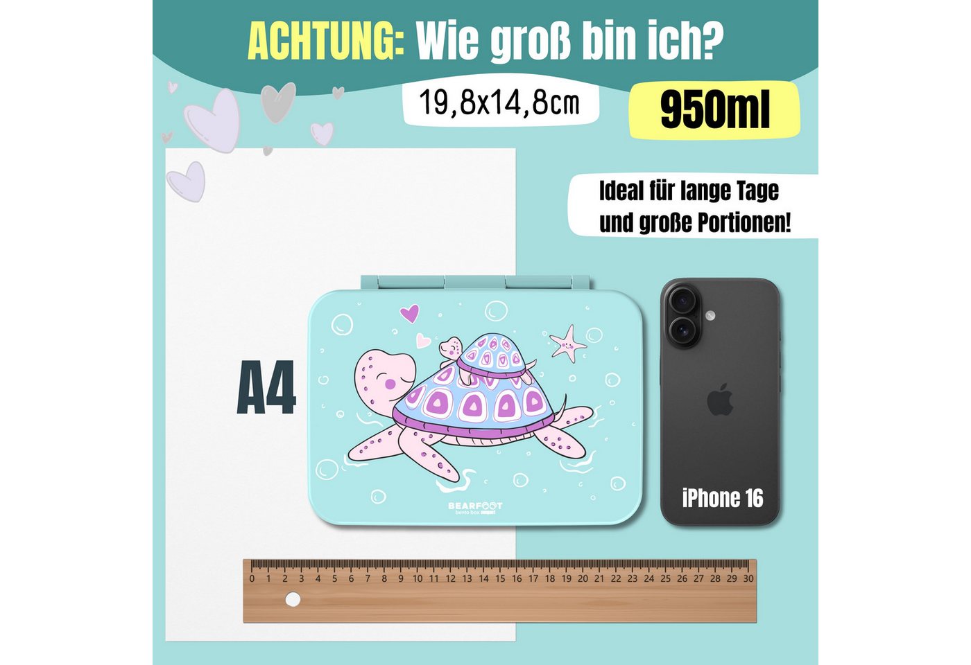 BEARFOOT Lunchbox Brotdose mit Fächern, leicht & auslaufsicher - Schildkröte, PP, ABS, Silikon, Kindergarten und Schule - Mädchen und Jungen, Vesperbox, Snackbo – Bild 2 von 5