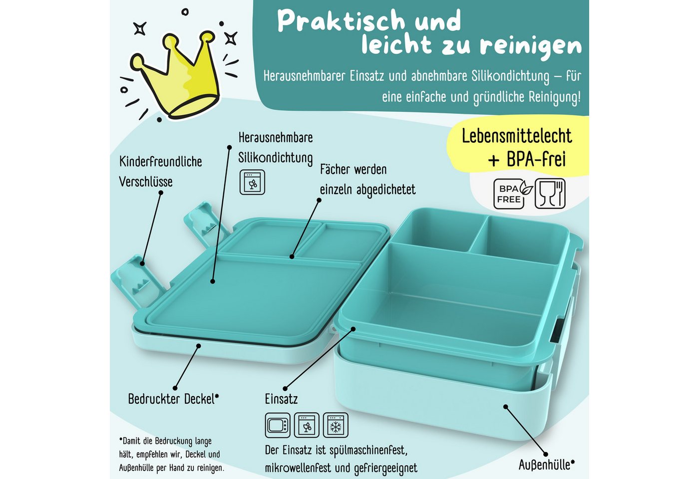 BEARFOOT Lunchbox Brotdose mit Fächern, leicht & auslaufsicher - Schildkröte, PP, ABS, Silikon, Kindergarten und Schule - Mädchen und Jungen, Vesperbox, Snackbo – Bild 3 von 5