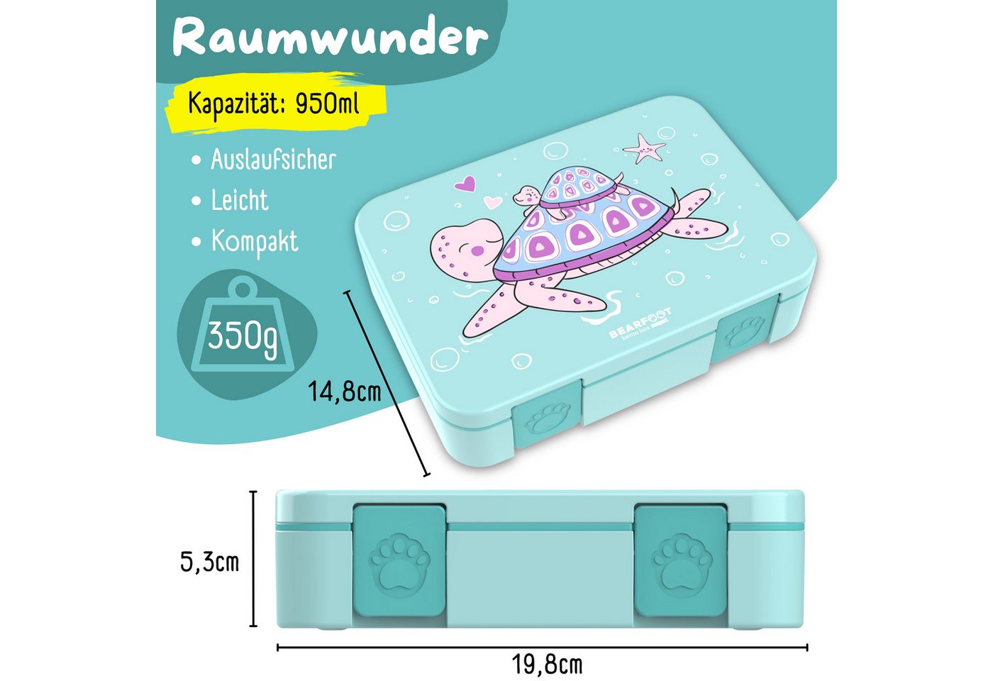 BEARFOOT Lunchbox Brotdose mit Fächern, leicht & auslaufsicher - Schildkröte, PP, ABS, Silikon, Kindergarten und Schule - Mädchen und Jungen, Vesperbox, Snackbo – Bild 5 von 5
