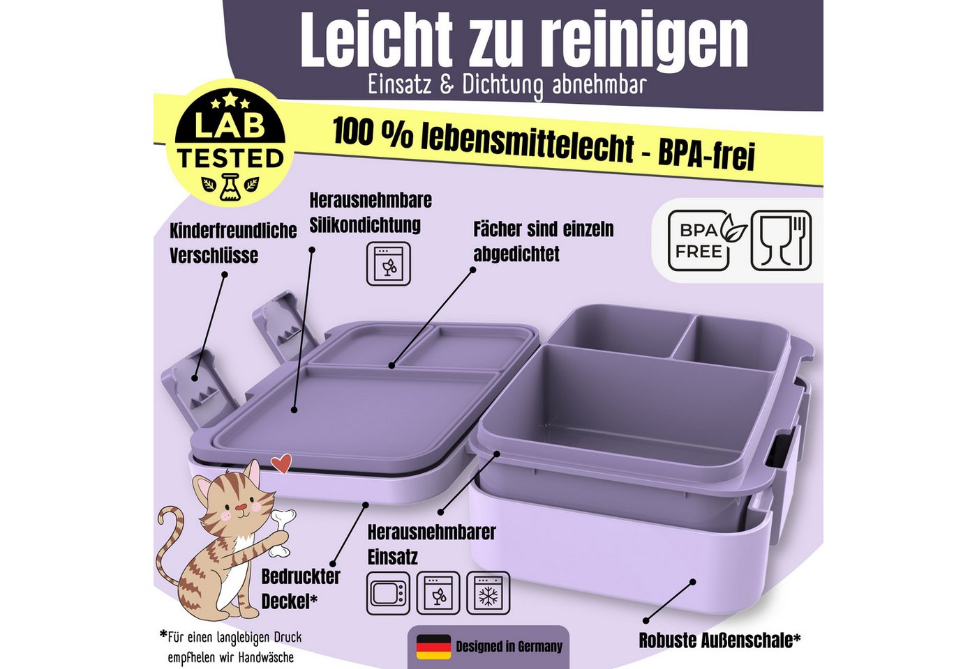 BEARFOOT Lunchbox Brotdose mit Fächern, leicht & auslaufsicher - Einhorn lila, PP, ABS, Silikon, Kindergarten und Schule - Mädchen und Jungen, Vesperbox, Snackb – Bild 4 von 5