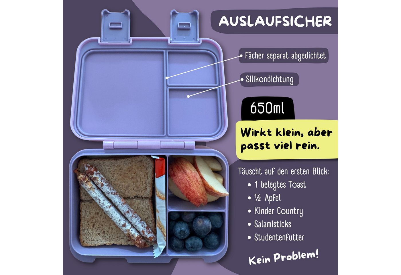 BEARFOOT Lunchbox Brotdose mit Fächern, leicht & auslaufsicher - Einhorn lila, PP, ABS, Silikon, Kindergarten und Schule - Mädchen und Jungen, Vesperbox, Snackb – Bild 5 von 5