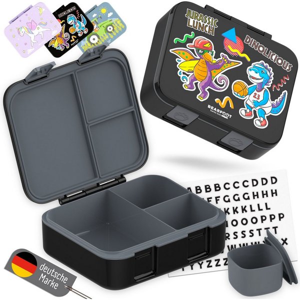 BEARFOOT Lunchbox Brotdose mit Fächern, leicht & auslaufsicher - Dinos schwarz, PP, ABS, Silikon, Kindergarten und Schule - Mädchen und Jungen, Vesperbox, Snack