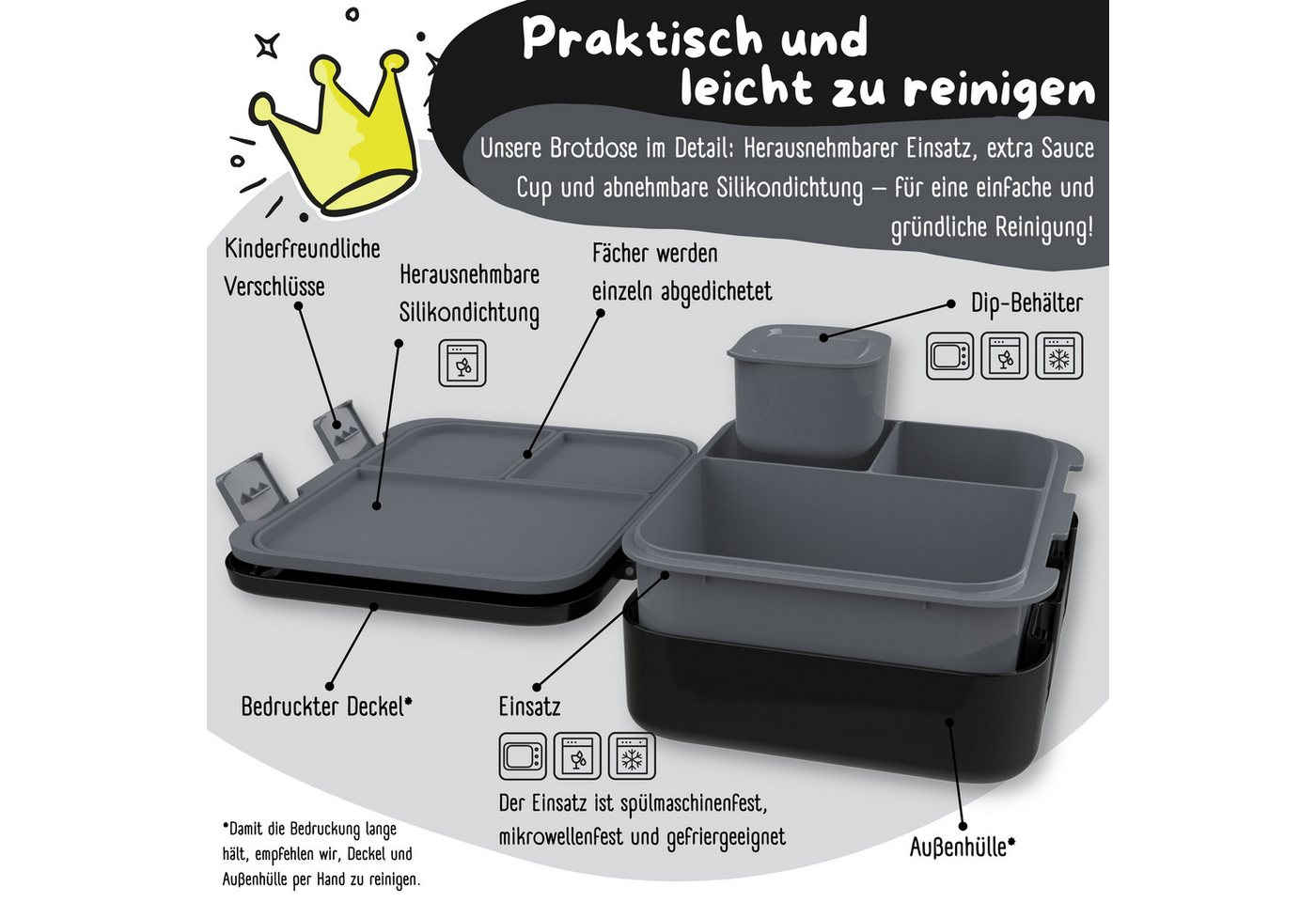 BEARFOOT Lunchbox Brotdose mit Fächern, leicht & auslaufsicher - Dinos schwarz, PP, ABS, Silikon, Kindergarten und Schule - Mädchen und Jungen, Vesperbox, Snack – Bild 4 von 5