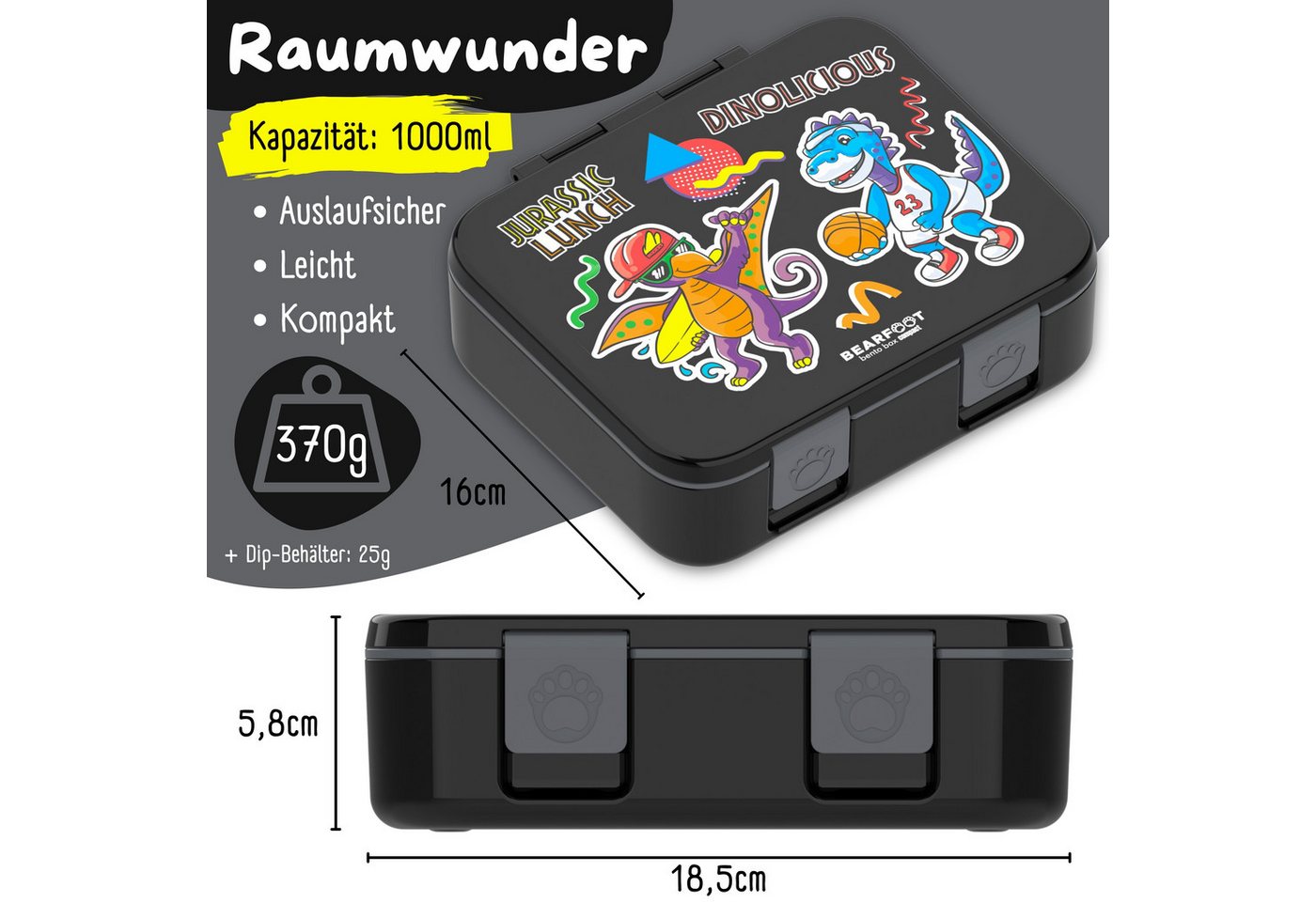 BEARFOOT Lunchbox Brotdose mit Fächern, leicht & auslaufsicher - Dinos schwarz, PP, ABS, Silikon, Kindergarten und Schule - Mädchen und Jungen, Vesperbox, Snack – Bild 5 von 5