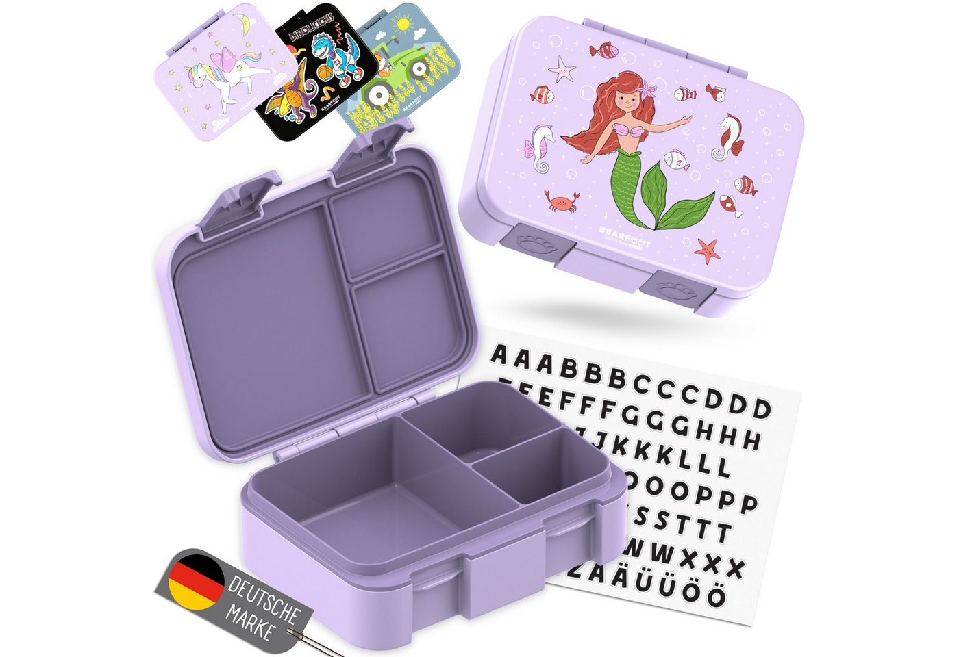 BEARFOOT Lunchbox Brotdose mit Fächern, auslaufsicher - Meerjungfrau lila, PP, ABS, Silikon, Kindergarten und Schule - Mädchen und Jungen, Vesperbox, Snackbox – Bild 4 von 5