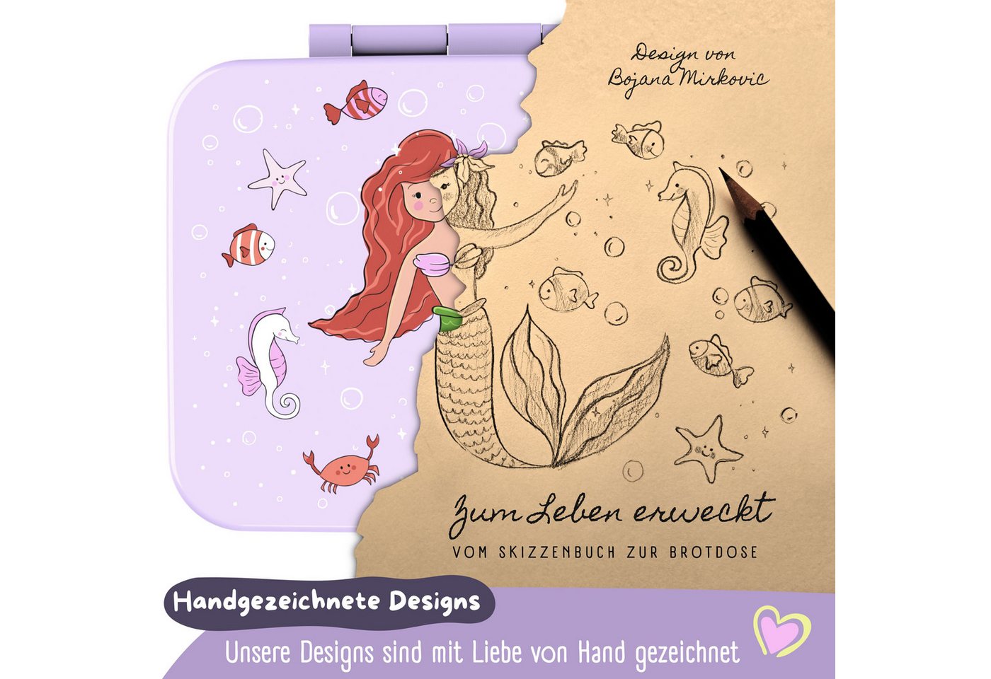 BEARFOOT Lunchbox Brotdose mit Fächern, auslaufsicher - Meerjungfrau lila, PP, ABS, Silikon, Kindergarten und Schule - Mädchen und Jungen, Vesperbox, Snackbox – Bild 5 von 5
